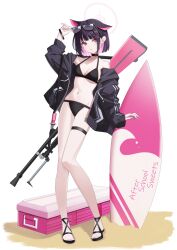 Rule 34 | 1girl, absurdres, animal ears, bikini, black bikini, black choker, black hair, black jacket, blue archive, breasts, bren lmg, cat ears, choker, collarbone, colored inner hair, commentary request, extra ears, eyewear on head, full body, gun, halo, highres, jacket, kazusa (blue archive), light machine gun, long sleeves, marks (dmhunsu10), medium breasts, multicolored hair, navel, open clothes, open jacket, open mouth, partial commentary, pink hair, red eyes, short hair, solo, standing, stomach, sunglasses, surfboard, swimsuit, thigh strap, two-tone hair, weapon