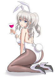 Rule 34 | 1girl, alternate costume, animal ears, ass, black pantyhose, blue eyes, breasts, check commentary, commentary request, cup, detached collar, drinking glass, fake animal ears, fake tail, grey hair, hairband, high heels, highleg, highleg leotard, highres, holding, holding cup, kantai collection, kashima (kancolle), kishi nisen, large breasts, leotard, long hair, looking at viewer, pantyhose, playboy bunny, rabbit ears, rabbit tail, sidelocks, solo, strapless, strapless leotard, tail, twintails, wavy hair, white footwear, white hairband, white leotard, wrist cuffs