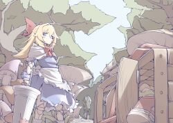 Rule 34 | 1girl, absurdres, apron, blonde hair, blue dress, blue eyes, blue sky, bow, bowtie, box, capelet, closed mouth, doll, doll joints, dress, feet out of frame, forest, hair bow, highres, holding, holding weapon, joints, looking at viewer, mushroom, nature, outdoors, red bow, red bowtie, shanghai doll, sky, solo, standing, touhou, tree, waist apron, weapon, white capelet, yashiki sen