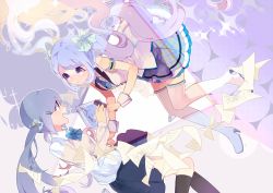 Rule 34 | 2girls, blue eyes, blue hair, boots, dual persona, floating hair, hair ornament, hairclip, hassan (sink916), hatsune miku, kneehighs, long hair, microphone, multiple girls, nail polish, open mouth, paper, skirt, socks, thigh boots, thighhighs, twintails, very long hair, vocaloid, wrist cuffs