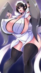 Rule 34 | 1girl, alternate breast size, apron, black hair, blade, breasts, butterfly swords, cleavage, covered erect nipples, curvy, flipped hair, highres, holding, holding weapon, huge breasts, iroha (samurai spirits), maid, maid headdress, maid leotard, no bra, plump, revealing clothes, samurai spirits, shimazu kaname, shiny skin, skindentation, snk, solo, thighhighs, thighs, unconventional maid, weapon, white apron, wide hips