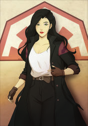 Rule 34 | 1girl, asami sato, avatar legends, belt, black hair, black pants, breasts, cleavage, eyeshadow, fingerless gloves, gloves, jacket, lipstick, looking at viewer, makeup, nymre, open clothes, open jacket, pants, parted lips, shirt, smile, solo, the legend of korra, white shirt