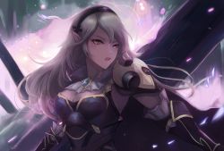 Rule 34 | 1girl, armor, black armor, breasts, brooch, cape, cleavage, corrin (female) (fire emblem), corrin (fire emblem), fire emblem, fire emblem fates, gauntlets, jewelry, large breasts, leonmandala, long hair, nintendo, pauldrons, pointy ears, red eyes, shoulder armor, solo, sw (taco), white hair
