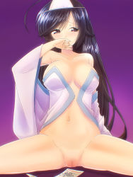 Rule 34 | 1girl, ahoge, bare shoulders, black eyes, black hair, bottomless, breasts, cleft of venus, covering own mouth, girls und panzer, headband, highres, isuzu hana, japanese clothes, kimono, large breasts, long hair, looking at viewer, navel, oekaki lemon, ofuda, open clothes, pussy, spread legs
