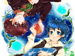 Rule 34 | 2boys, apple, blue eyes, blue hair, book, campanella (ginga tetsudou no yoru), flower, food, formal, fruit, ginga tetsudou no yoru, giovanni (ginga tetsudou no yoru), multiple boys, necktie, night, night sky, open mouth, red eyes, red hair, rotational symmetry, short hair, sky, smile, star (sky), starry sky, suit, vest