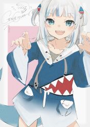 Rule 34 | 1girl, :d, absurdres, blue eyes, blue hair, blue hoodie, blue nails, blush, claw pose, fins, fish tail, gawr gura, gawr gura (1st costume), hair ornament, highres, hololive, hololive english, hood, hoodie, long sleeves, looking at viewer, multicolored hair, ogura tubuan, open mouth, pink background, shark girl, shark hair ornament, shark tail, sharp teeth, smile, solo, streaked hair, tail, teeth, two-tone background, two side up, virtual youtuber, white background, white hair