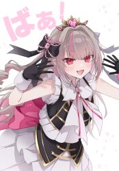 Rule 34 | 1girl, absurdres, back bow, black gloves, blush, bow, brooch, commentary request, dress, fang, gloves, grey hair, hair bow, hair ornament, highres, idol clothes, jewelry, long hair, looking at viewer, makaino ririmu, multicolored hair, nam, nijisanji, open mouth, pink bow, pink hair, pointy ears, rabbit hair ornament, red eyes, smile, solo, streaked hair, tiara, two-tone hair, virtual youtuber