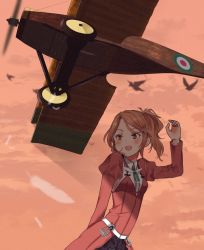 Rule 34 | 1girl, aircraft, aircraft request, airplane, anchor, annin musou, aquila (kancolle), bad id, bad twitter id, bird, black skirt, brown eyes, cloud, collared shirt, commentary request, cowboy shot, feathers, green ribbon, hair ornament, hairclip, high ponytail, highres, jacket, kantai collection, long hair, miniskirt, open mouth, orange hair, orange sky, red jacket, ribbon, shirt, skirt, sky, smile, solo, vehicle focus, wavy hair, white shirt