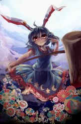 Rule 34 | 1girl, ahoge, animal ears, bad id, blood, blood stain, blue hair, dress, earclip, flower, highres, ijen (ljenejl), kine, looking at viewer, mallet, pointing, pointing at self, rabbit ears, red eyes, seiran (touhou), short sleeves, smile, solo, touhou