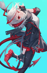 Rule 34 | 1girl, absurdres, antennae, aqua background, arknights, black footwear, black gloves, black jacket, black nails, black pantyhose, black scarf, black skirt, colored shoe soles, commentary, controller, demon girl, demon tail, fingerless gloves, foot out of frame, gloves, grey shirt, grin, haro (haro 339), highres, holding, holding remote control, horns, jacket, looking up, medium hair, nail polish, open clothes, open jacket, pantyhose, red eyes, red footwear, red skirt, remote control, scarf, shirt, skirt, sleeves past elbows, smile, solo, tail, two-sided fabric, two-sided skirt, two-tone footwear, two-tone skirt, w (arknights), white hair