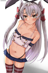 Rule 34 | 1girl, absurdres, adapted costume, amatsukaze (kancolle), arms behind back, bare shoulders, black panties, black ribbon, blue skirt, breasts, buttons, cleavage, commentary request, cosplay, crop top, double-breasted, elbow gloves, embarrassed, from above, gloves, groin, hair between eyes, hair ribbon, hair tubes, highleg, highleg panties, highres, kantai collection, leaning to the side, light frown, long hair, looking at viewer, looking up, microskirt, midriff, mizuki (uzuki no sato), navel, panties, pleated skirt, revealing clothes, ribbon, shimakaze (kancolle), shimakaze (kancolle) (cosplay), shirt, skirt, sleeveless, sleeveless shirt, small breasts, solo, spaghetti strap, stomach, striped clothes, striped thighhighs, thighhighs, underwear, very long hair, white gloves, white hair, white shirt, yellow eyes