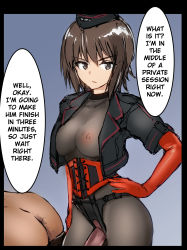 Rule 34 | 10s, 1boy, 1girl, absurdres, anal, bdsm, black border, black headwear, black jacket, blue background, bodysuit, border, bouto (paranoia), breasts, brown eyes, brown hair, corset, dildo, dominatrix, elbow gloves, femdom, garrison cap, girls und panzer, gloves, hair between eyes, hard-translated, hat, hetero, highres, jacket, male penetrated, medium breasts, military, military uniform, nipples, nishizumi maho, pegging, red gloves, see-through, sex toy, simple background, strap-on, third-party edit, translated, uniform
