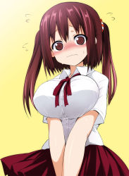 Rule 34 | 10s, 1girl, blush, breasts, brown eyes, brown hair, ebina nana, embarrassed, female focus, flying sweatdrops, gradient background, himouto! umaru-chan, large breasts, long hair, looking at viewer, school uniform, sen (astronomy), shirt, skirt, solo, sweat, twintails, wavy mouth
