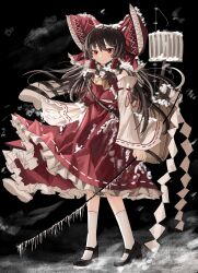 Rule 34 | 1girl, absurdres, ascot, bag, black footwear, black hair, bow, checkered clothes, checkered scarf, commentary, detached sleeves, fishing rod, frilled bow, frilled hair tubes, frills, gohei, hair bow, hair tubes, hakurei reimu, highres, holding, holding gohei, ice, icicle, japanese clothes, long hair, looking at viewer, miko, nontraditional miko, ougiikun, outdoors, red bow, red eyes, red skirt, ribbon trim, scarf, shoes, shoulder bag, shovel, skirt, skirt set, snow, snow shovel, socks, solo, touhou, white socks, wide sleeves, yellow ascot