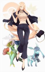 Rule 34 | 1girl, alternate costume, bag, blonde hair, breasts, casual, commentary, creatures (company), cynthia (pokemon), english commentary, full body, game freak, gen 4 pokemon, glaceon, hair over one eye, handbag, highres, jewelry, large breasts, long hair, navel, necklace, nintendo, on shoulder, pearl necklace, poke ball symbol, pokemon, pokemon (creature), pokemon dppt, roserade, scarf, simple background, smile, standing, stomach, tommy (kingdukeee), very long hair, white background