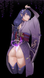 Rule 34 | 1girl, absurdres, armor, ass, black background, braid, bridal gauntlets, closed mouth, commentary request, electricity, flower, from behind, genshin impact, hair ornament, highres, japanese clothes, kimono, long hair, long sleeves, looking at viewer, mitsudomoe (shape), purple eyes, purple flower, purple hair, purple thighhighs, raiden shogun, shoulder armor, simple background, solo, tassel, thighhighs, tomoe (symbol), utsu (cho701012), wide sleeves