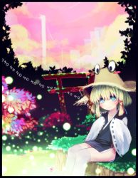 Rule 34 | 1girl, adapted costume, bad id, bad pixiv id, blonde hair, blue eyes, blush, female focus, glowing, hat, htm (gixig), japanese clothes, moriya suwako, multicolored eyes, nature, no nose, power lines, short hair, side slit, sleeves past wrists, soaking feet, solo, thighhighs, torii, touhou, water, white thighhighs