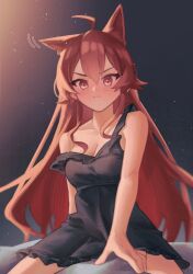 Rule 34 | 1girl, absurdres, ahoge, animal ears, black nightgown, blush, breasts, cat ears, cleavage, closed mouth, donats, eris greyrat, full-face blush, hair between eyes, highres, large breasts, long hair, looking down, motion lines, mushoku tensei, nightgown, partially undressed, red eyes, red hair, solo, very long hair