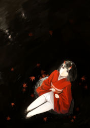 Rule 34 | 1girl, autumn leaves, black eyes, black hair, clothes lift, eyeliner, from above, highres, horns, in water, japanese clothes, kimono, kimono lift, leaf, looking up, makeup, maple leaf, oni, oni horns, original, pale skin, pantyhose, parted lips, short hair, simple background, sitting, soaking feet, solo, tsukino wagamo, water, white pantyhose