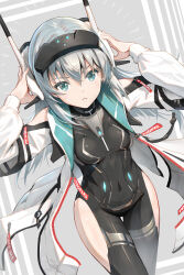 Rule 34 | 1girl, alice gear aegis, aqua eyes, black bodysuit, bodysuit, breasts, character request, clothing cutout, coat, commentary request, covered navel, grey hair, headgear, highres, long hair, looking at viewer, parted lips, pinakes, skin tight, small breasts, solo, thigh cutout