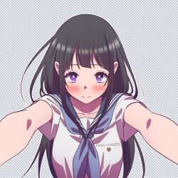 Rule 34 | 1girl, andrian januar adilia, black hair, blue neckerchief, blue sailor collar, blush, breast pocket, bright pupils, chitanda eru, closed mouth, collarbone, commentary request, foreshortening, hands up, highres, hyouka, indonesian commentary, kamiyama high school uniform (hyouka), long hair, looking at viewer, neckerchief, pink background, pocket, polka dot, polka dot background, purple eyes, reaching, reaching towards viewer, sailor collar, school uniform, shirt, short sleeves, solo, split mouth, upper body, white background, white shirt