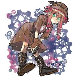 Rule 34 | arknights, artist name, bandage on face, bandages, belt, boots, braid, brown dress, brown gloves, brown hat, dated, dress, fingerless gloves, gears, gloves, goggles, goggles on headwear, green eyes, gun, handgun, hat, hat feather, holding, holding gun, holding weapon, may (arknights), may (elite ii) (arknights), pink hair, revolver, rryy, shirt, short hair with long locks, twin braids, weapon, white shirt