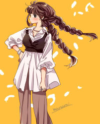 Rule 34 | 1girl, artist name, blush, bracelet, braid, breasts, brown eyes, brown hair, brown pants, collared shirt, commentary request, falling feathers, feathers, hand on own hip, jewelry, long hair, long sleeves, medium breasts, orange background, original, pants, shirt, sideways glance, signature, simple background, solo, standing, sugano manami, twin braids, untucked shirt, white feathers, white shirt