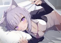 Rule 34 | 1girl, :q, ahoge, animal ear fluff, animal ears, bed, bed invitation, black jacket, blush, breasts, button gap, cat ears, cat girl, cleavage, collared shirt, commentary, cropped jacket, gotyou, hololive, indoors, jacket, long sleeves, looking at viewer, lying, medium breasts, nekomata okayu, nekomata okayu (oversized shirt), no bra, official alternate costume, on bed, on side, open clothes, open jacket, pillow, pov across bed, purple eyes, purple hair, purple ribbon, ribbon, shirt, short hair, solo, symbol-only commentary, tongue, tongue out, under covers, virtual youtuber, white shirt