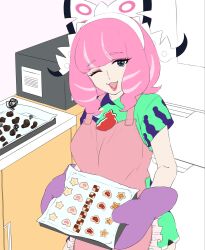 Rule 34 | 1girl, apron, breasts, collared shirt, creatures (company), drill hair, eyeshadow, flipped hair, game freak, gloves, hairband, highres, holding pan, ka ei volltis, klara (pokemon), makeup, mole, mole under mouth, nintendo, no jacket, one eye closed, oven mitts, pink apron, pink eyeshadow, pink hair, pink lips, pokemon, pokemon swsh, print shirt, print shorts, purple eyes, purple gloves, shaded face, shirt, short hair, short sleeves, shorts, side slit, side slit shorts, solo, twin drills, white hairband
