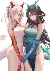 Rule 34 | 2girls, ;d, arknights, arm tattoo, bare shoulders, black hair, braid, breasts, china dress, chinese clothes, clenched teeth, colored skin, covered navel, cowboy shot, dragon horns, dragon tail, dress, dusk (arknights), dusk (everything is a miracle) (arknights), earrings, folded ponytail, green hair, green skin, hand on another&#039;s shoulder, highres, holding hands, horns, jewelry, long hair, multicolored hair, multiple girls, nian (arknights), nian (unfettered freedom) (arknights), no panties, official alternate costume, one eye closed, open mouth, parted lips, pelvic curtain, pointy ears, purple eyes, red eyes, red skin, revision, ru zhai, siblings, simple background, sisters, sleeveless, sleeveless dress, small breasts, smile, streaked hair, tail, tassel, tassel earrings, tattoo, teeth, thighs, white background, white dress, white hair