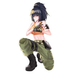 Rule 34 | 1girl, bare shoulders, befe, black hair, blue eyes, boots, breasts, camouflage, camouflage pants, cleavage, combat boots, earrings, gloves, highres, jewelry, kneeling, large breasts, leona heidern, long hair, military, military uniform, pants, ponytail, pouch, simple background, snk, soldier, solo, tank top, the king of fighters, the king of fighters xiv, uniform, white background, yellow tank top