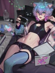 Rule 34 | 1boy, ahoge, androgynous, bare shoulders, bedroom, black shorts, blue hair, blue thighhighs, blush, cat boy, closed eyes, commission, computer, controller, crossed bangs, double-parted bangs, earbuds, earphones, fang, flipped hair, game controller, green eyes, groin, hair between eyes, hair ornament, hairclip, highres, holding, holding controller, holding game controller, indie virtual youtuber, indoors, jacket, laptop, linechu, looking at viewer, lying, male focus, micro shorts, midriff, narrow waist, navel, on back, on bed, open clothes, open jacket, pink hair, samsara (shuukeura), shirt, short hair, short shorts, shorts, single thighhigh, skin tight, sleeveless, sleeveless shirt, spiked hair, thighhighs, virtual youtuber, wide hips