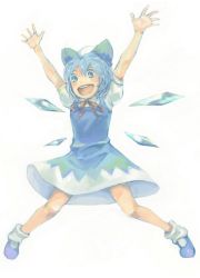 Rule 34 | 1girl, \o/, arms up, bad id, bad pixiv id, cirno, dress, female focus, full body, inu (wankosan), outstretched arms, simple background, smile, solo, spread legs, touhou, white background