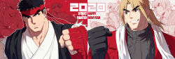 Rule 34 | 2020, 2boys, alternate costume, black scarf, black sweater, blonde hair, capcom, collarbone, contrast, couple, dougi, eye contact, fist bump, forked eyebrows, grin, happy new year, headband, highres, ken masters, looking at another, male focus, mature male, multiple boys, muscular, muscular male, new year, ryu (street fighter), scarf, short hair, sideburns, smile, street fighter, sweater, thick eyebrows, upper body, white scarf, yaoi, yuiofire