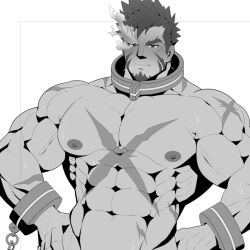 Rule 34 | 1boy, abs, bara, beach, blush, completely nude, cross scar, expressionless, facial hair, flaming eye, goatee, greyscale, heracles (housamo), karakuraax, large pectorals, looking at viewer, male focus, mature male, monochrome, muscular, muscular male, mutton chops, navel, nipples, nude, out-of-frame censoring, pectorals, scar, scar on chest, short hair, sideburns, smile, solo, stomach, sweat, thick eyebrows, tokyo houkago summoners, upper body, v-shaped eyebrows, very sweaty