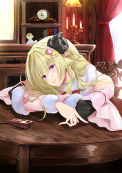 Rule 34 | 1girl, animal ears, blonde hair, bow, bowtie, braid, detached sleeves, dress, elbows on table, famicom gamepad, fur-trimmed dress, fur-trimmed sleeves, fur trim, hair ornament, hairclip, half updo, head rest, highres, hololive, horns, long hair, looking at viewer, maho (yakimorokoshi), purple eyes, red bow, red bowtie, ribbed sleeves, sheep ears, sheep girl, sheep horns, sleeveless, sleeveless dress, solo, tsunomaki watame, virtual youtuber, white dress