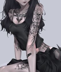 Rule 34 | 1girl, absurdres, arm tattoo, bandaid, bandaid on arm, black camisole, black hair, black skirt, breasts, camisole, chest tattoo, cleavage, crop top, grey background, head out of frame, highres, hip tattoo, leg tattoo, long hair, mano aaa, medium breasts, midriff, open clothes, open skirt, original, parted lips, pleated skirt, simple background, skirt, tattoo