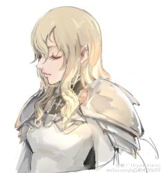 Rule 34 | 1girl, armor, blonde hair, claymore (series), closed eyes, cropped torso, eyelashes, flora (claymore), kumako (pixiv4171671), lips, long hair, pauldrons, shoulder armor, sketch, solo, weibo watermark, white background