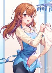 Rule 34 | 1girl, :d, apron, black pants, blue apron, blush, clothes pin, commentary request, cowboy shot, highres, holding, komeshiro kasu, long hair, long sleeves, looking at viewer, open mouth, orange hair, original, pants, red eyes, signature, smile, solo, sweater, yellow sweater