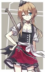 Rule 34 | 10s, 1girl, adapted costume, alternate costume, aqua eyes, berukko, choker, collarbone, cowboy shot, cross, dirndl, female focus, german clothes, hand on own hip, iron cross, kantai collection, long hair, low twintails, one eye closed, prinz eugen (kancolle), sketch, skirt, smile, solo, twintails