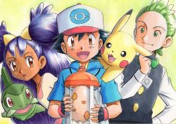 Rule 34 | 1girl, 2boys, :d, :o, ash ketchum, axew, baseball cap, big hair, black gloves, black hair, black vest, blue jacket, bow, bowtie, brown eyes, cilan (pokemon), closed mouth, commentary request, creatures (company), dark-skinned female, dark skin, egg, eyelashes, fingerless gloves, game freak, gen 1 pokemon, gen 5 pokemon, gloves, green eyes, green hair, green neckwear, hand up, hat, highres, holding, iris (pokemon), jacket, long hair, long sleeves, multiple boys, nintendo, oka mochi, open mouth, pikachu, pokemon, pokemon (anime), pokemon (creature), pokemon bw (anime), pokemon egg, pokemon on back, purple hair, shirt, short sleeves, smile, spiked hair, tongue, traditional bowtie, traditional media, two side up, vest, white shirt, yellow background, yellow shirt