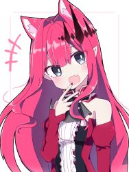 Rule 34 | 1girl, animal ear fluff, animal ears, baobhan sith (fate), baobhan sith (first ascension) (fate), bare shoulders, black eyes, border, cat ears, detached sleeves, fang, fate/grand order, fate (series), hair intakes, long hair, looking at viewer, nail polish, open mouth, pink border, pointy ears, rabiiandrain, red hair, red nails, simple background, skin fang, solo, white background