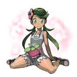 Rule 34 | 10s, 1girl, alternate color, bounsweet, creatures (company), game freak, gen 7 pokemon, green eyes, green hair, mallow (pokemon), nintendo, pokemon, pokemon (creature), pokemon sm, shiny skin, sitting, smile, thighs, trial captain, twintails