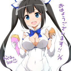 Rule 34 | 10s, 1girl, :d, black hair, blue bow, blue bowtie, blue eyes, blue ribbon, blunt bangs, blush, bow, bowtie, bread, breasts, cleavage, cleavage cutout, clothing cutout, cone, covered navel, dress, dungeon ni deai wo motomeru no wa machigatteiru darou ka, elbow gloves, food, gloves, hair ribbon, head tilt, hestia (danmachi), holding, holding food, large breasts, looking at viewer, open mouth, ragho no erika, rei no himo, ribbon, round teeth, sidelocks, simple background, smile, solo, tareme, teeth, text focus, translation request, twintails, white background, white dress, white gloves, white ribbon