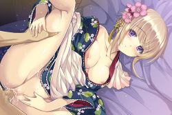 Rule 34 | 1boy, 1girl, bed, bergenia (flower knight girl), blonde hair, breasts, breasts out, censored, city forest online, collarbone, expressionless, flower, flower knight girl, game cg, hair flower, hair ornament, hetero, leg grab, missionary, mosaic censoring, nipples, official art, penis, pillow, purple eyes, sex, shiny skin, short hair, single bare shoulder, solo focus, spread legs, vaginal