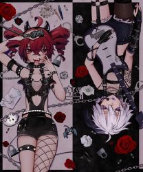 Rule 34 | 2girls, :3, :d, ahoge, arm up, asymmetrical gloves, asymmetrical legwear, belt, wrist belt, black hair, blush, bracelet, chain, chain necklace, crumpled paper, cuffs, drill hair, fangs, fingerless gloves, fishnet top, fishnets, flower, flower (vocaloid), flower (vocaloid4), garter straps, gloves, goth fashion, gothic, guitar, handcuffs, headphones, headset, highres, holding, holding instrument, holding microphone, ianxy2, instrument, jewelry, kasane teto, latex, lock, microphone, microphone stand, mouth hold, multicolored hair, multiple girls, nail polish, necklace, o-ring, open mouth, padlock, pantyhose, pen, pencil, plectrum, plectrum in mouth, punkish gothic, purple eyes, red eyes, red hair, rose, safety pin, short hair, single fishnet legwear, single leg pantyhose, single thighhigh, smile, spiked thighlet, thigh strap, thighhighs, twin drills, two-tone hair, upside-down, utau, vocaloid, waist cutout, white hair
