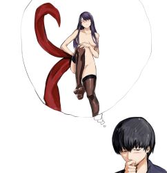 Rule 34 | 1boy, 1girl, black hair, blush, breasts, brown thighhighs, closed mouth, collarbone, glasses, groin, hair over breasts, half-closed eyes, hand up, highres, kagune (tokyo ghoul), kamishiro rize, kaneki ken, large breasts, long hair, no shoes, portrait, purple hair, short hair, smile, thighhighs, thinking, thought bubble, tokyo ghoul, yourfreakyneighbourh