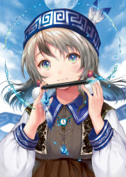 Rule 34 | 1girl, ainu clothes, blue eyes, blush, hanekoto, headband, japanese clothes, jewelry, looking at viewer, miko, necklace, original, pen, short hair, smile, solo, water
