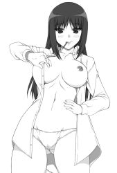 Rule 34 | 1girl, breast slip, breasts, cameltoe, food, greyscale, groin, hand on own hip, hip focus, kurusugawa ayaka, large breasts, long hair, monochrome, navel, nipples, one breast out, open clothes, open shirt, panties, pocky, shichimenchou, shirt, simple background, solo, to heart, to heart (series), underwear
