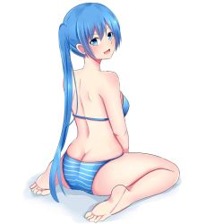 Rule 34 | 1girl, ass, back, bare arms, bare back, bare shoulders, barefoot, baretto (karasi07), between legs, bikini, blue bikini, blush, breasts, butt crack, feet, from behind, full body, hand between legs, hatsune miku, highres, huge ass, long hair, looking back, mismatched bikini, plantar flexion, sideboob, simple background, sitting, small breasts, soles, solo, striped bikini, striped bikini bottom, striped clothes, swimsuit, toes, twintails, very long hair, vocaloid, wariza, white background, wide hips